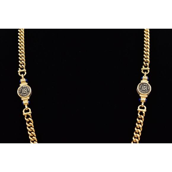 Givenchy Vintage Logo Coin Necklace Blue Cabochon Gold Station Chain 1980s BinBJ - Picture 1 of 12